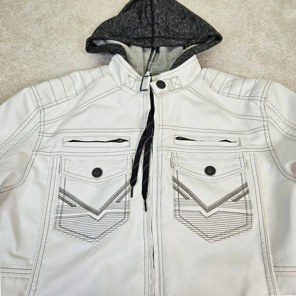 Buckle Black Mens White Faux Leather Full Zip Y2K Hoodie Jacket Combo Sz‎ L Edgy